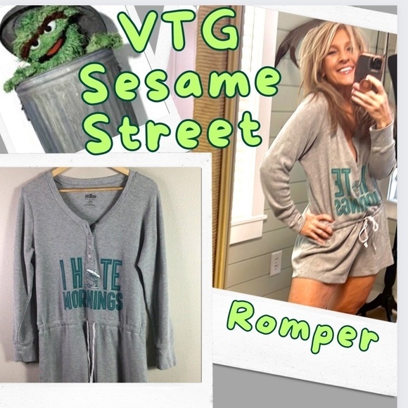 Vintage Sesame Street “I Hate Mornings” Gray Thermal Waffle Romper EUC Size L - Picture 3 of 11